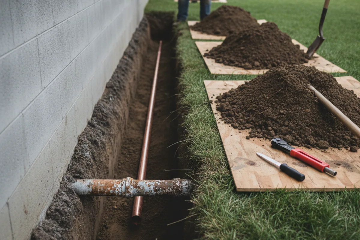 Excavated water line trench during Sewer Line Repair in Parkman